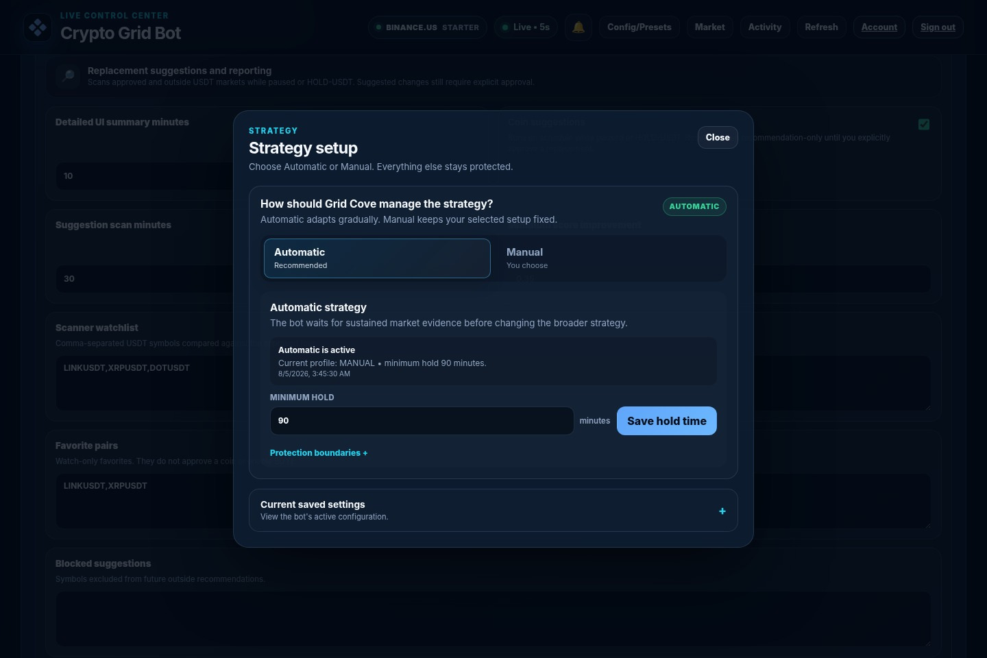GridCove Config and Presets interface
